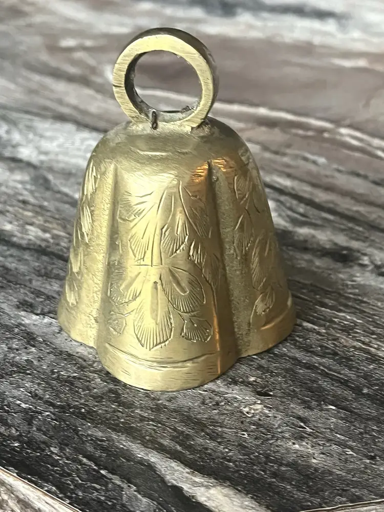 Old Floral Engraved Etched Brass Bell with Clapper 3 inch INDIA