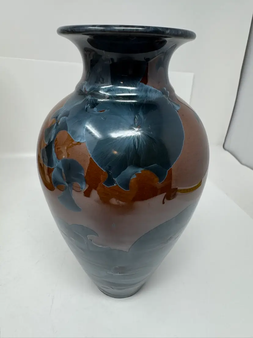 Vtg 1984 Tim Marcotte Crystalline Blue Brown Vase Art Studio Pottery signed 8.5”