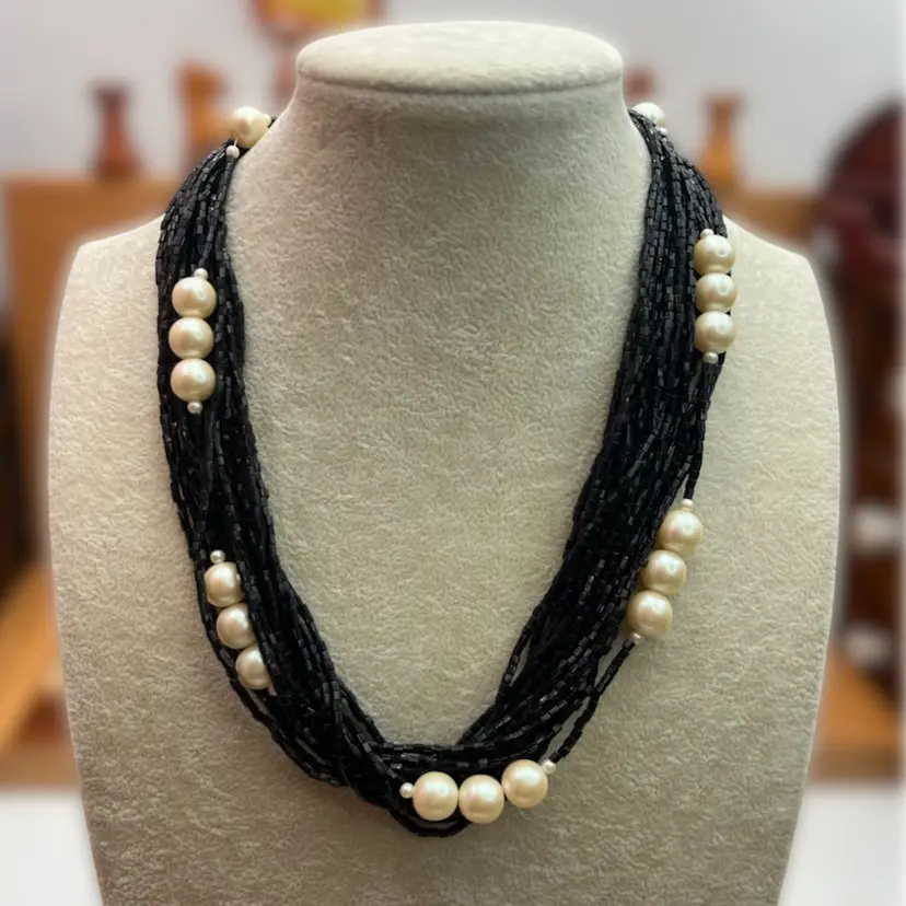 #J9- Vintage Black Glass Seed Bead Necklace Multi Strand Faux Pearl