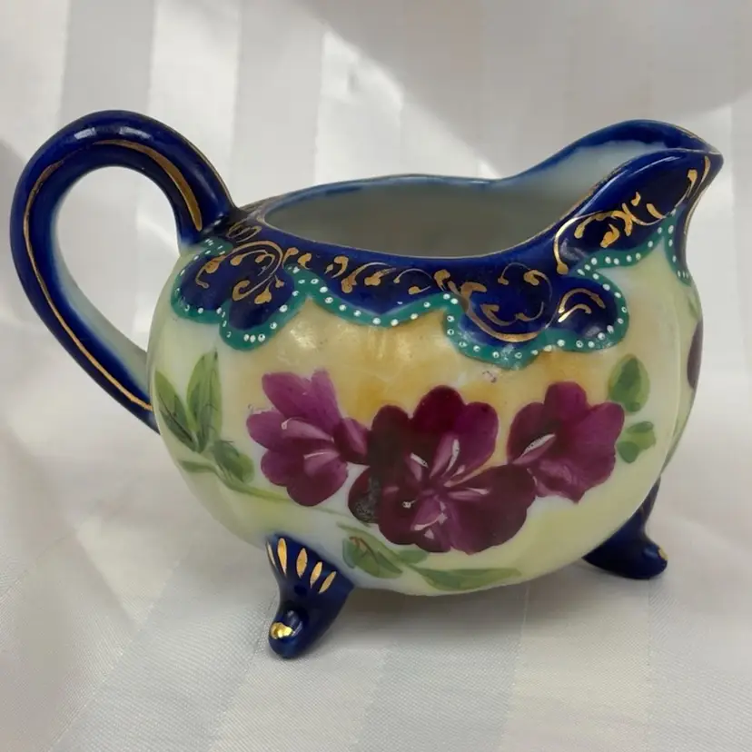 Antique Flow Blue Hand Painted Ornate Creamer