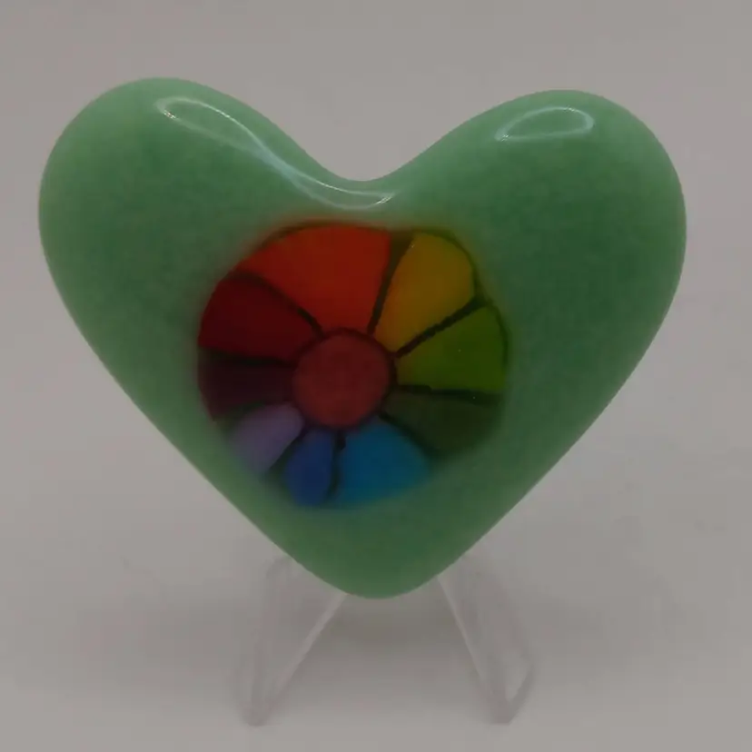 Made by Me! Fused Glass Pocket Heart Rainbow with Mint Green Pride LGBTQ 1 3/4" Handcrafted Studio Art
