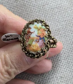 Vintage Adjustable W. German Ring with Porcelain Cabachon of Man Serenading a Woman