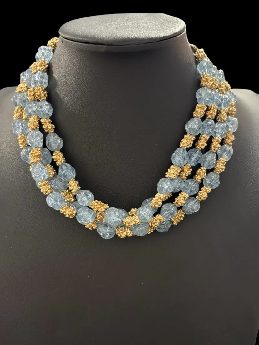 #01 86. Crown Trifari Blue Frosted/Textured Glass With Gold Tone Accents Necklace, Matching Bracelet Demi Parure
