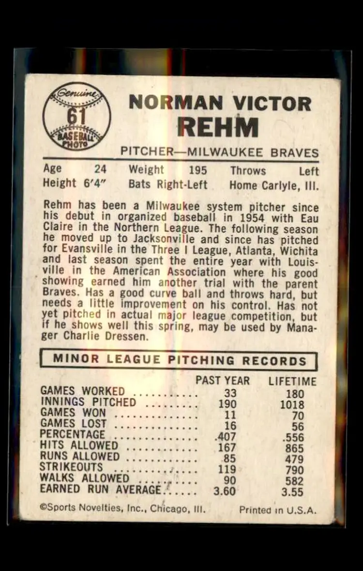 1960 Leaf #61 Vic Rehm - (pk1) - Milwaukee Braves