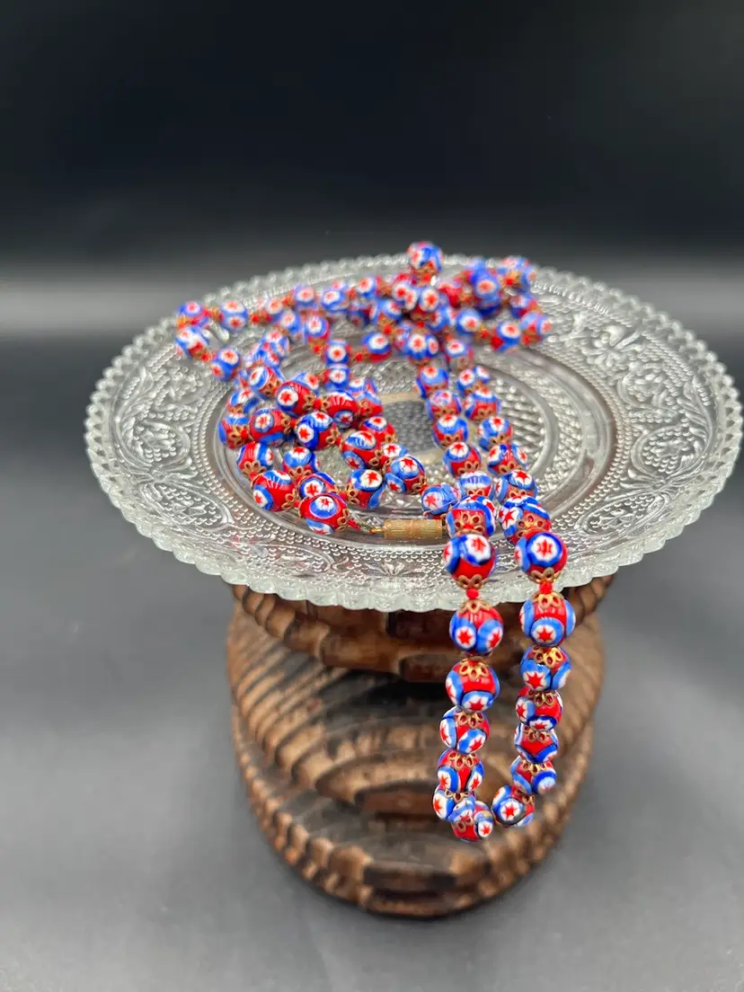 Murano Red White Blue Millefiori Glass Bead Necklace 48”