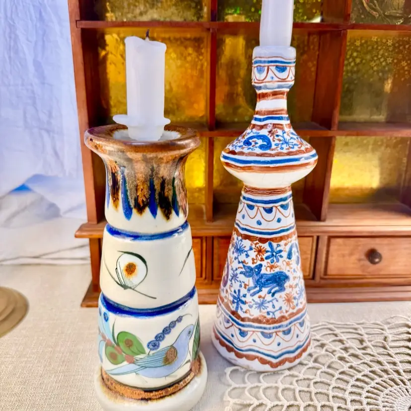 Set of 2 vintage ceramic pottery candlesticks. Right: 8” Ken Edwards Pottery w/painted bird made in Mexico. Left: 10” Berardor made in Portugal