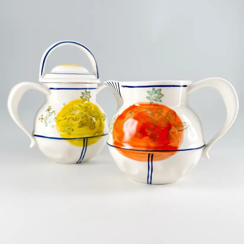 Anthropologie Lidded Sugar Bowl & Creamer Set, Lemon Yellow & Citrus Orange Floral