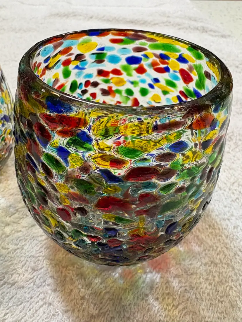 Two Blown Glass Candle Holders. Heavily Textured With Multicolored Frit. 4” X 4”