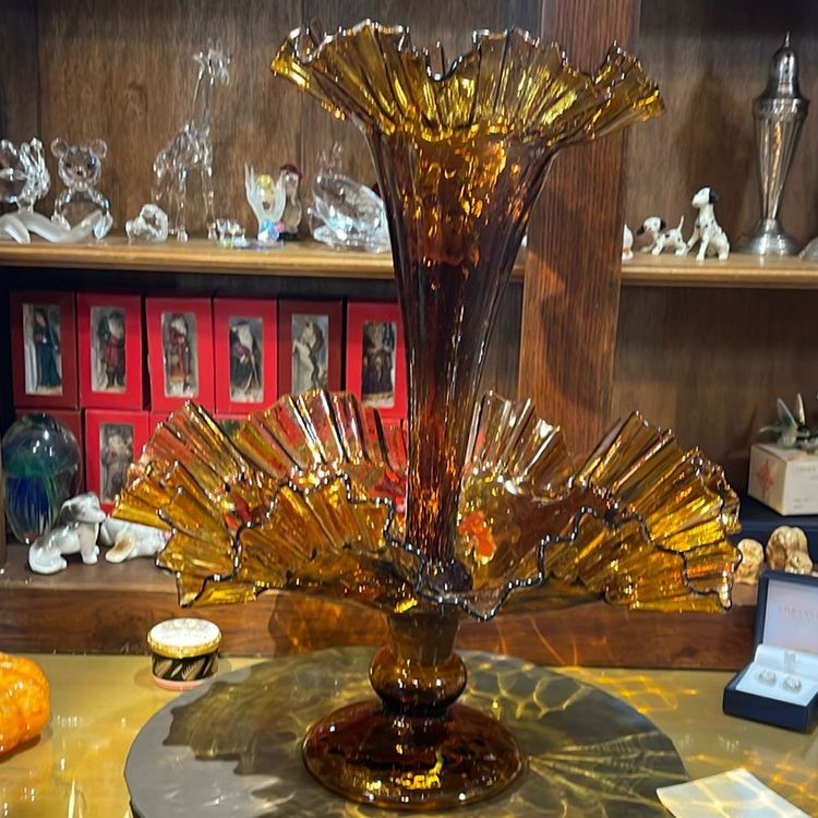 Large 15" Fenton Art Glass c1955  Amber One Horn Epergne Crimped Edge Flower Vase