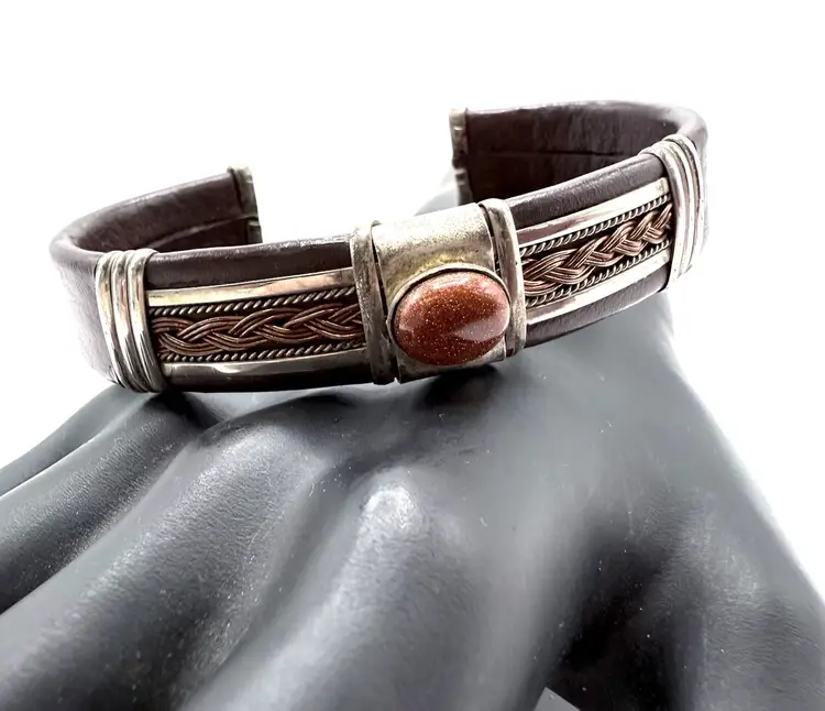 Sterling Silver Leather Cuff, Unisex Goldstone Center, Adjustable Copper Wrapped