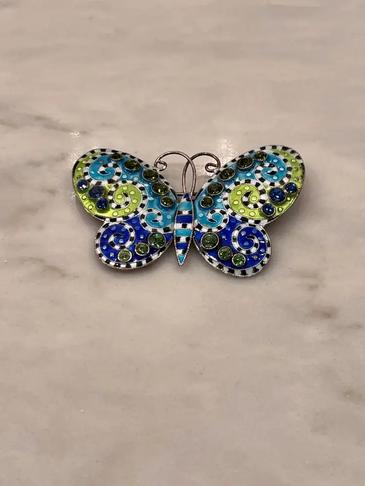 Vintage Enameled Sterling Silver Blue & Green Rhinestone Butterfly Brooch!