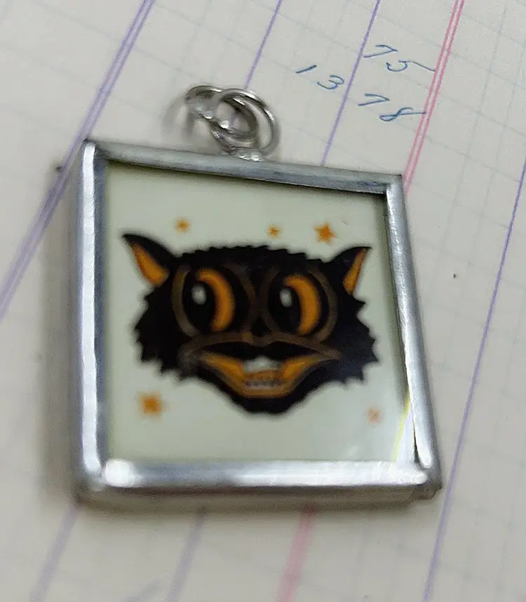 Trick Or Treat Folk Art Black Cat Halloween Pendant Black And Orange Pumpkin In Silver Frame With Loop 1.5”Free Shipping