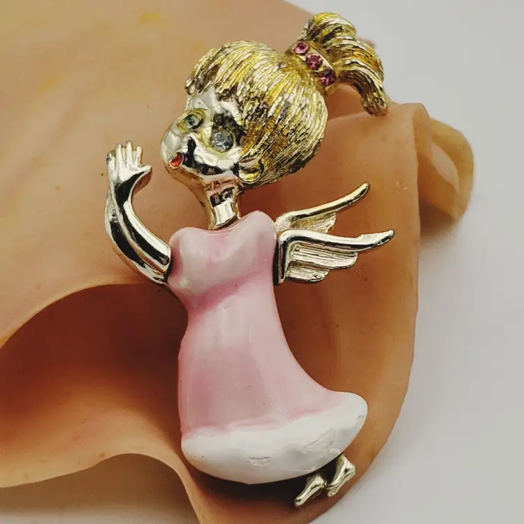 Vintage Beatrix Signed Pink Enameled Angel Girl Blue Rhinestone Eyes Brooch Pin