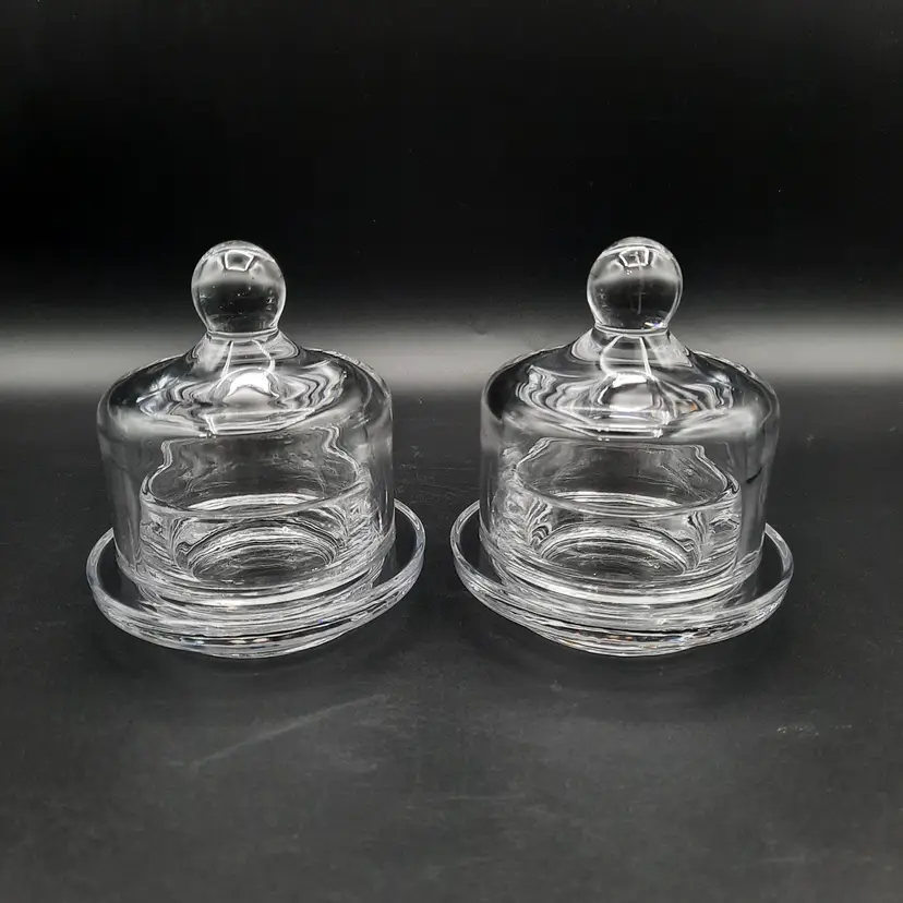 Set Of 2 Round Individual Butter Covered Dishes Cloche Dome Heavy Clear Glass