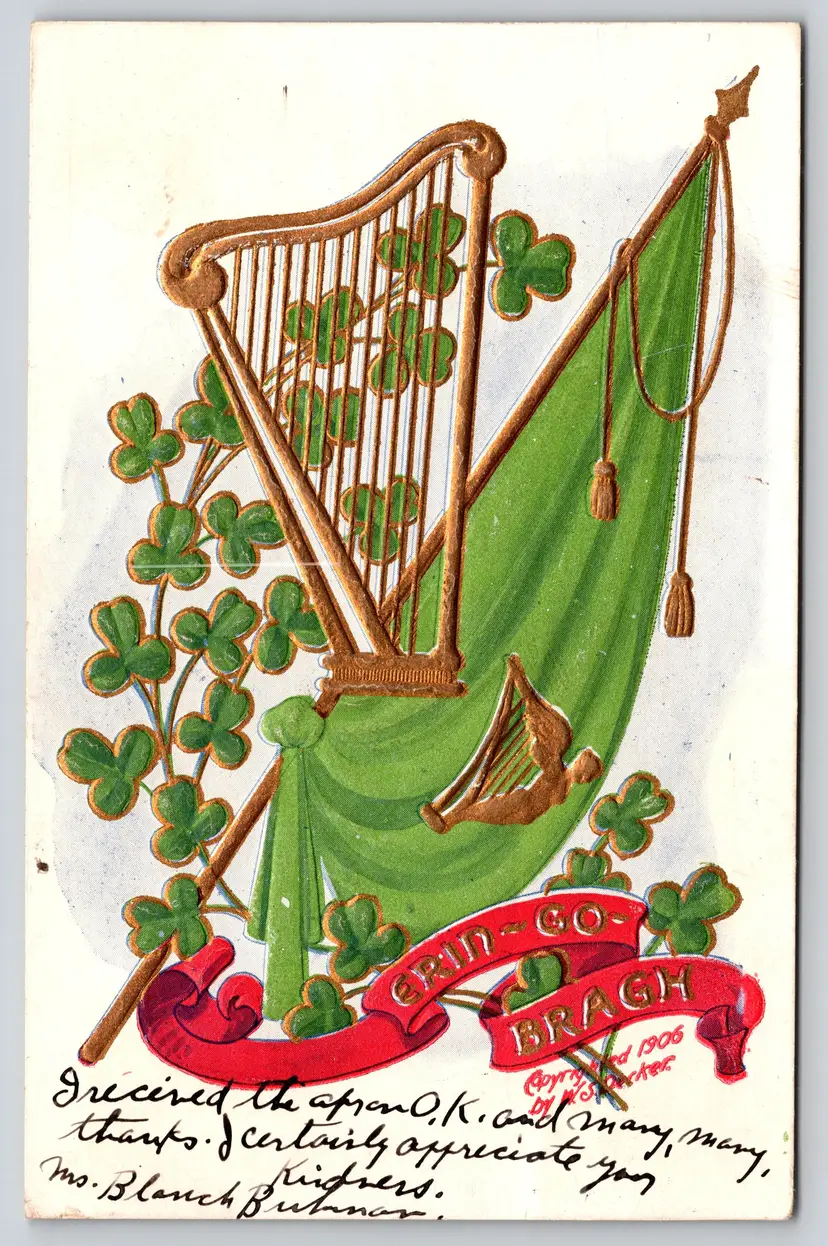 Postcard  Erin Go Bragh Harp Shamrocks and Flag St Patrick's Day c1906 Embossed, Undivided Back - 15299