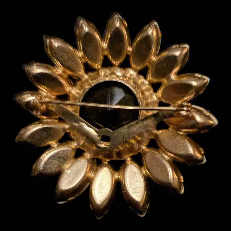 Milk Glass Black Rhinestone Brooch 2”