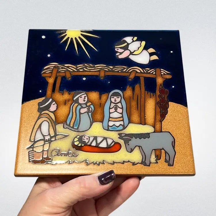 Christmas Nativity Scene Ceramic Art Tile Trivet Signed Anke | 6”
