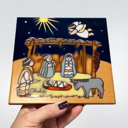 Christmas Nativity Scene Ceramic Art Tile Trivet Signed Anke | 6”