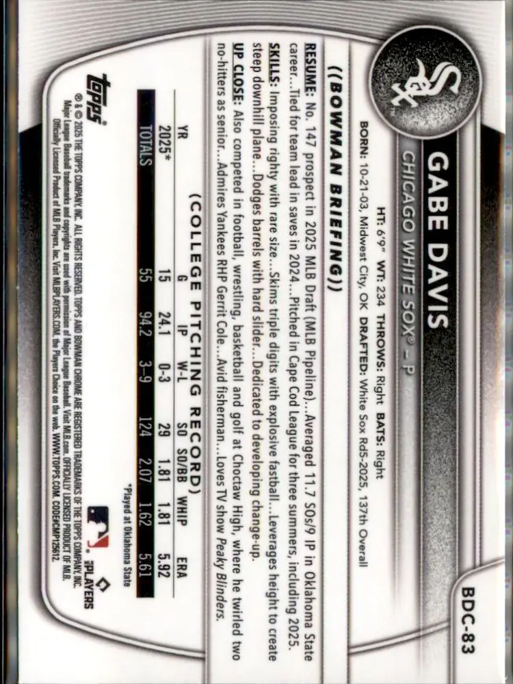 2025 Bowman Draft #BDC-83 Gabe Davis Chrome - (138) - Chicago White Sox