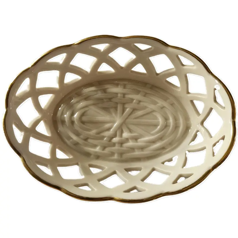 #01 - Vintage Lenox Bone China Lattice Style Server, Beige with Gold Trim, 6" long x 4" wide