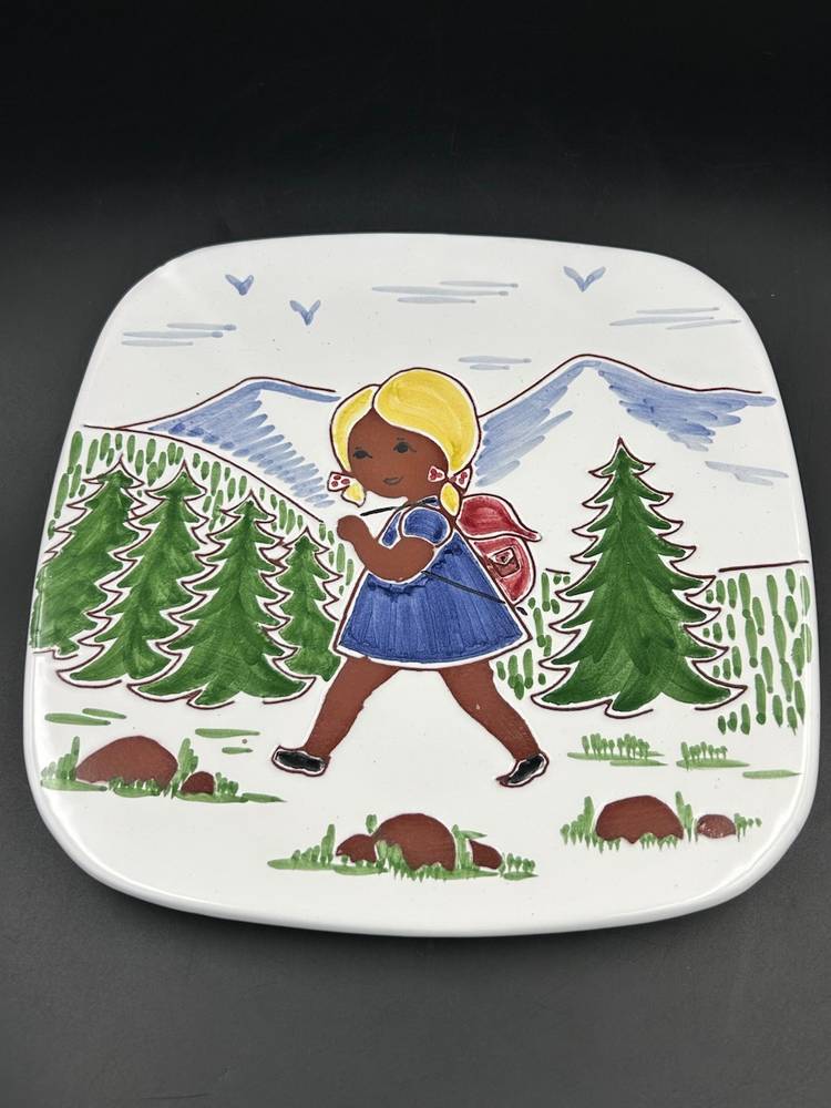 Vintage Norwegian, ceramic wall plaque girl in backpack, hiking Norway