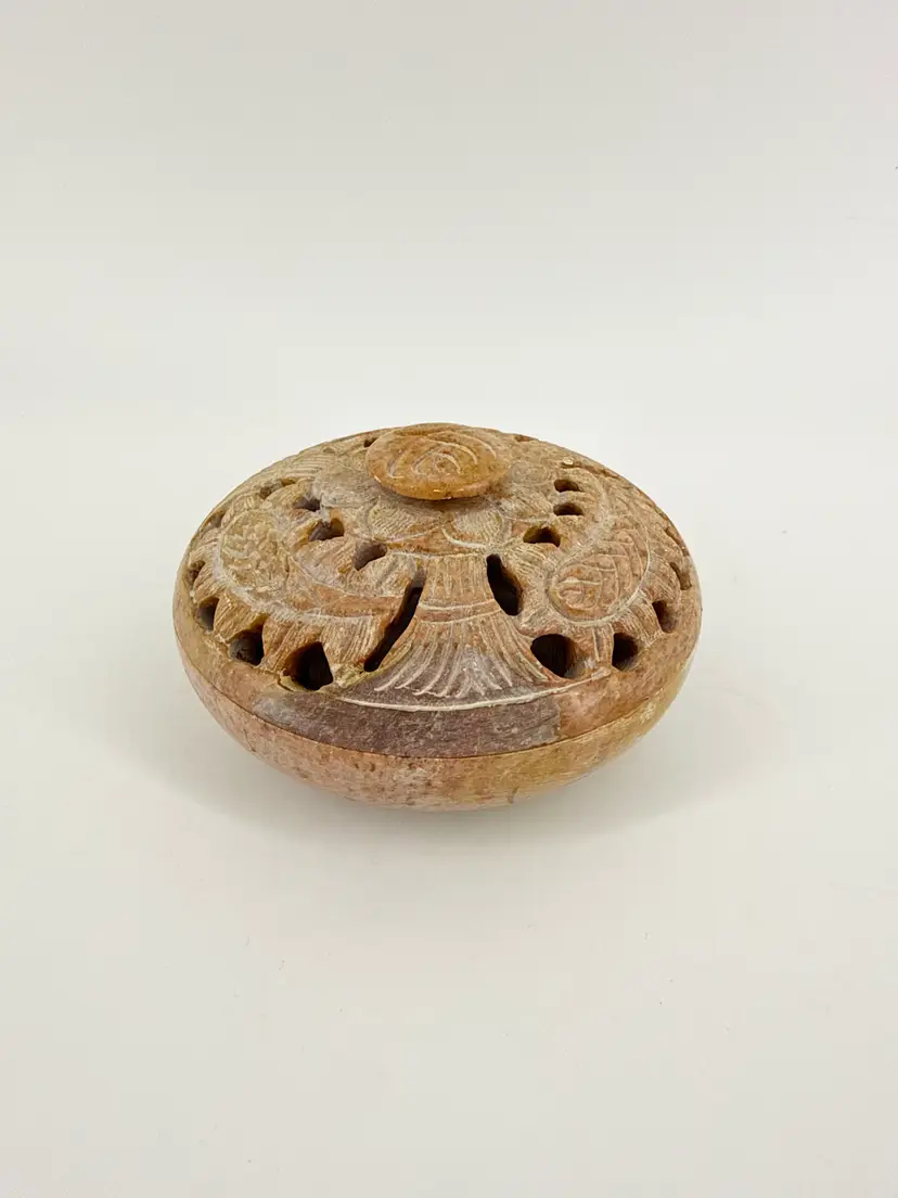 Hand Carved etched Soapstone Lidded Trinket Box Made In India