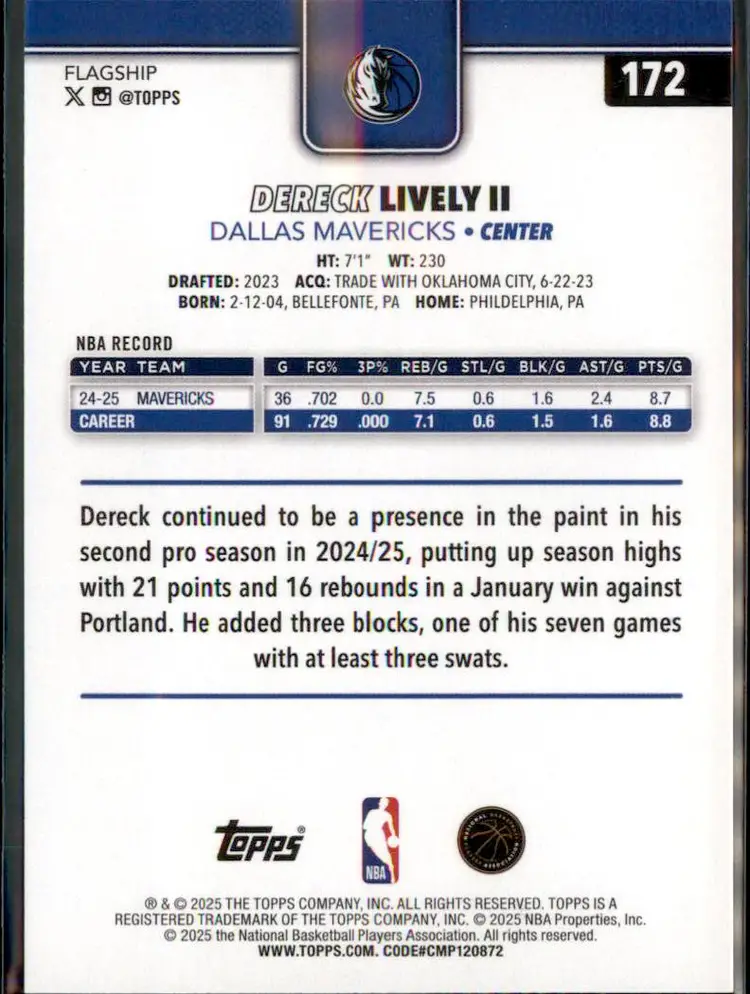 2025-26 Topps #172 Dereck Lively II - (135) - Dallas Mavericks