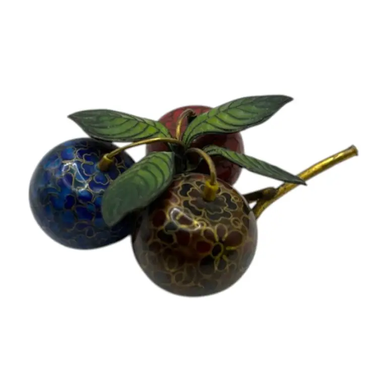 Cloisonne Enamel Cherry Cluster Bunch w/Brass Stem & Leaves 4" x 3" Red Blue