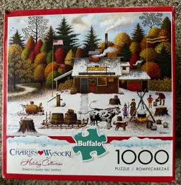 1000 Pc Charles Wysocki Jigsaw Puzzle”Vermont Maple Tree Tappers” 26.75”x 19.75”