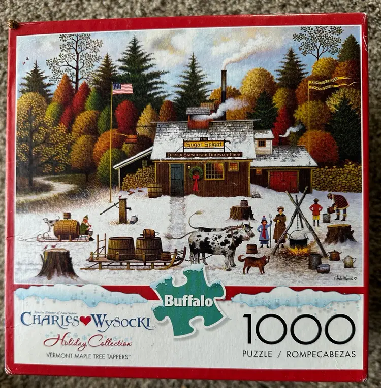 1000 Pc Charles Wysocki Jigsaw Puzzle”Vermont Maple Tree Tappers” 26.75”x 19.75”