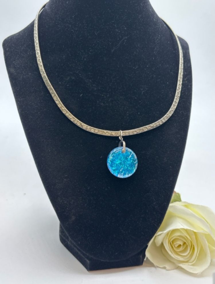 925 Sterling Silver Dichroic Blue Pendant on Wide Hammered Hard Wire Necklace Pendant 1.25 In with bale Chain Hook Over Clasp Approximately 16 Inch
