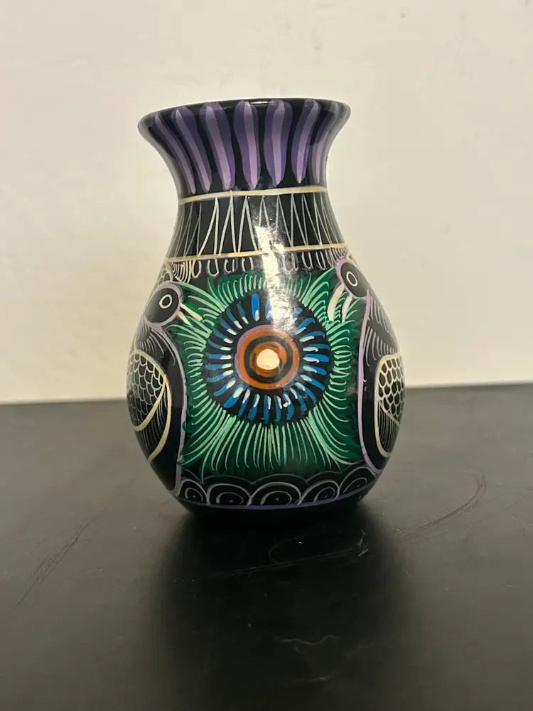 Talavera Pottery Mexican Folk Art Hand Painted 5” Bud Base Colorful Bird