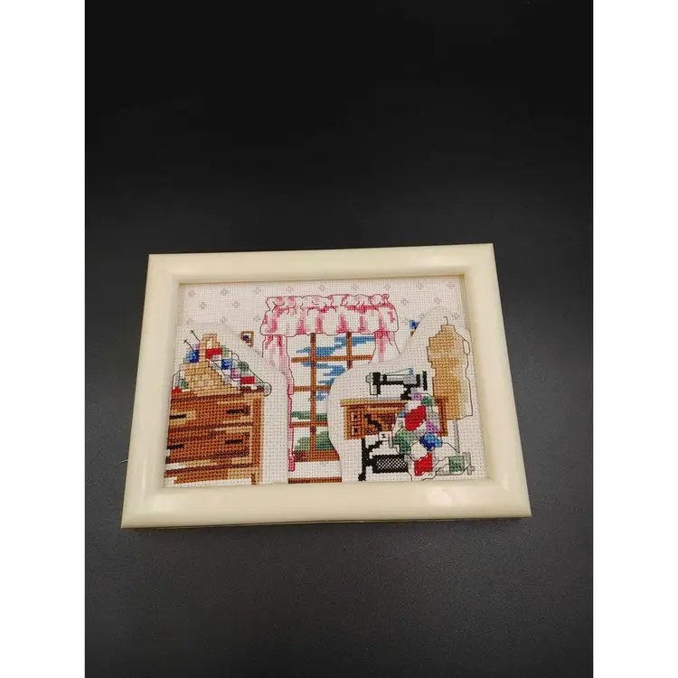 VTG Cross Stitch Dimensional w/ Frame SEWING NOOK Needlepoint Complete 1990s
