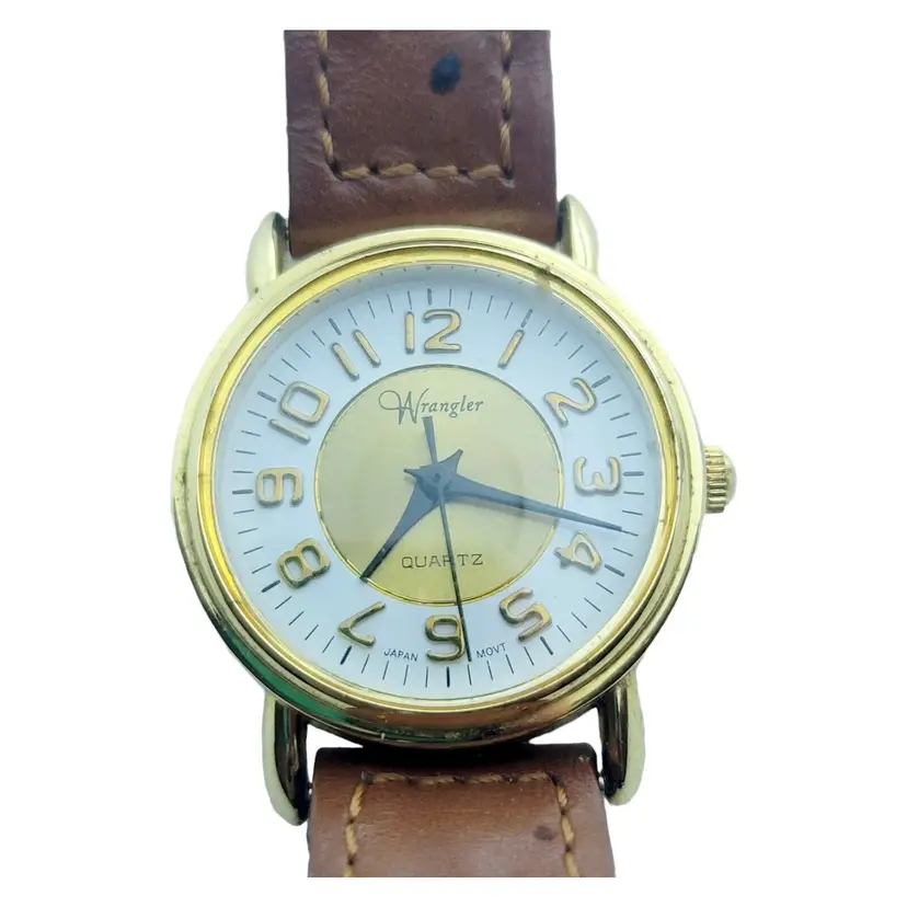 Vintage Ladies WRANGLER Gold Tone Brown Leather Casual Watch New Battery