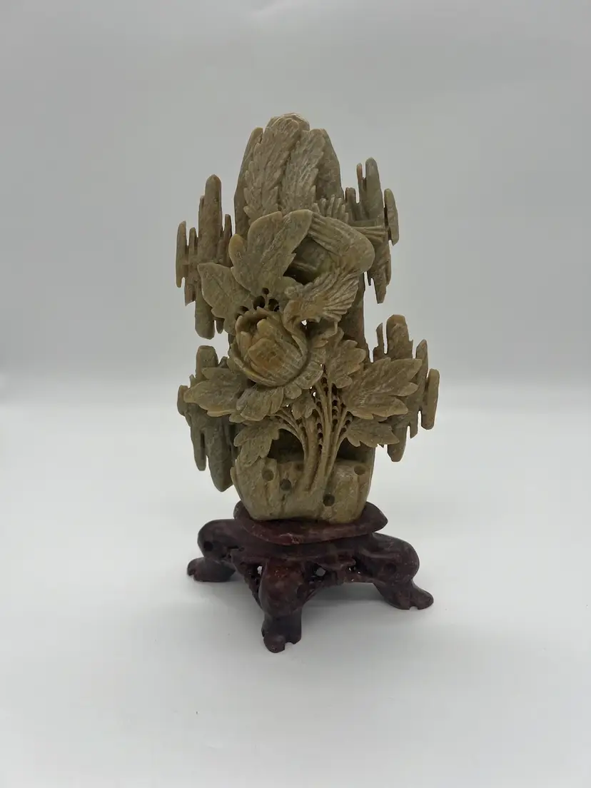 Vintage Soapstone Carving Lotus Flower Bird Phoenix