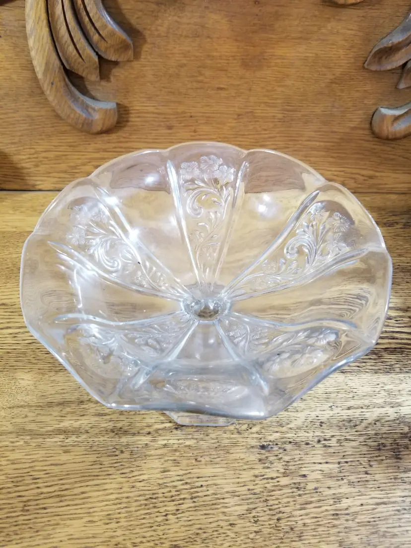 Vintage Pressed Glass Floral Compote Bowl 8” Pedestal Clear Elegant Glass