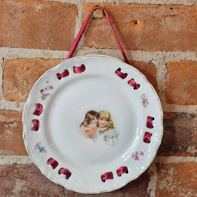 Antique Porcelain Ribbon Plate Wall Hanging Victorian Style Girls Transfer Portrait 7" Pierced Edge