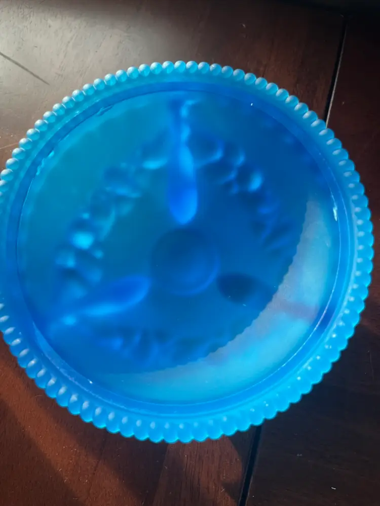 Westmoreland Blue Mist Satin Glass Argonaut Shell footed candy dish. Circa 1960s