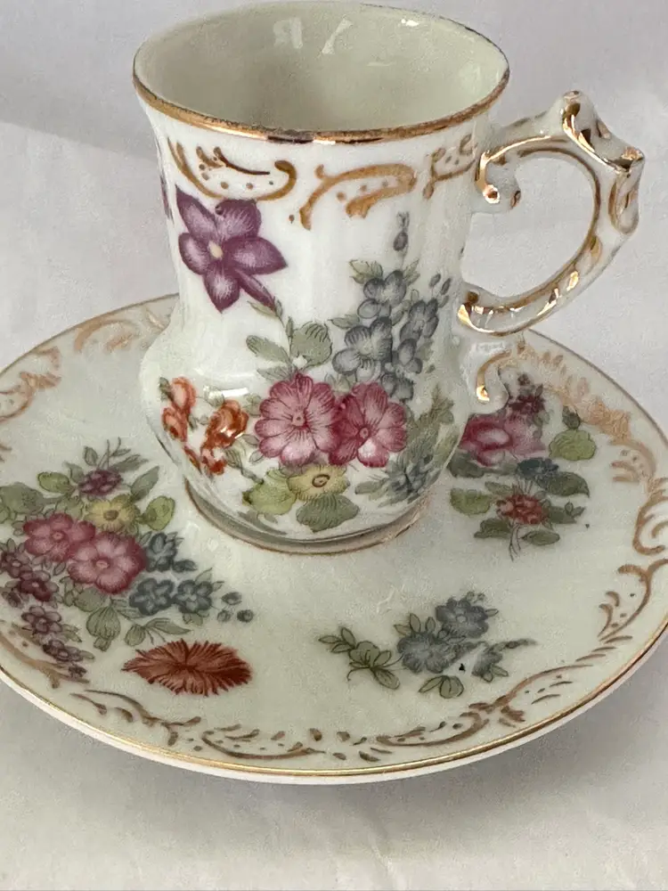 Antique French Porcelain Demitasse Cup & Saucer Floral