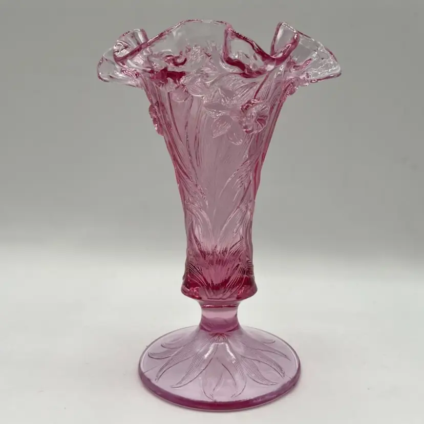 Vintage Fenton Pink Daffodil Flower Vase Ruffled Edge Trumpet