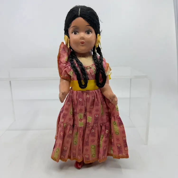 Vintage Mexican Folk Art Doll Composition Hand Painted Face Black Hair Styled In Two Long Braids Handmade Dress Traditional Festival Costume READ