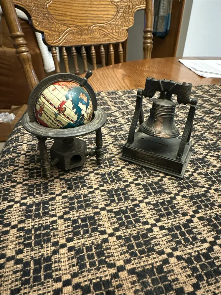Vintage Metal Die-Cast Miniature World Globe & Liberty Bell Pencil Sharpener.