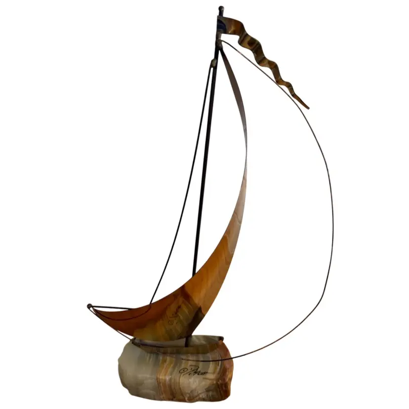 Vintage John Demott Rock Quartz & Brass Copper Sailboat Sculpture Signed 15”