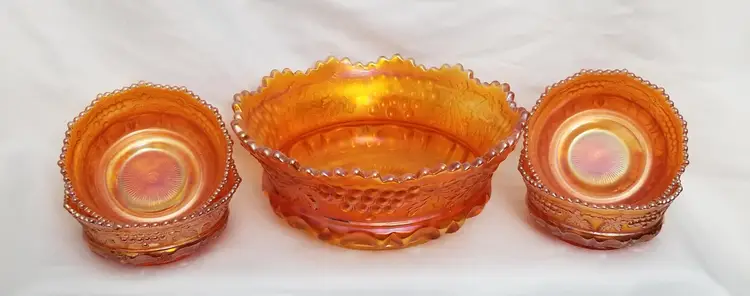 Vintage Northwood Pumpkin Marigold Grape & Cable Thumbprint 5 Piece Berry Set