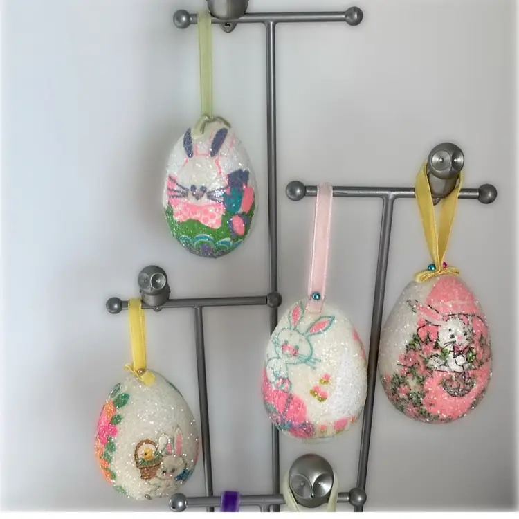 Set Of 6 Vintage Sugared Easter Eggs with Adorable Bunnieschicks Flowers