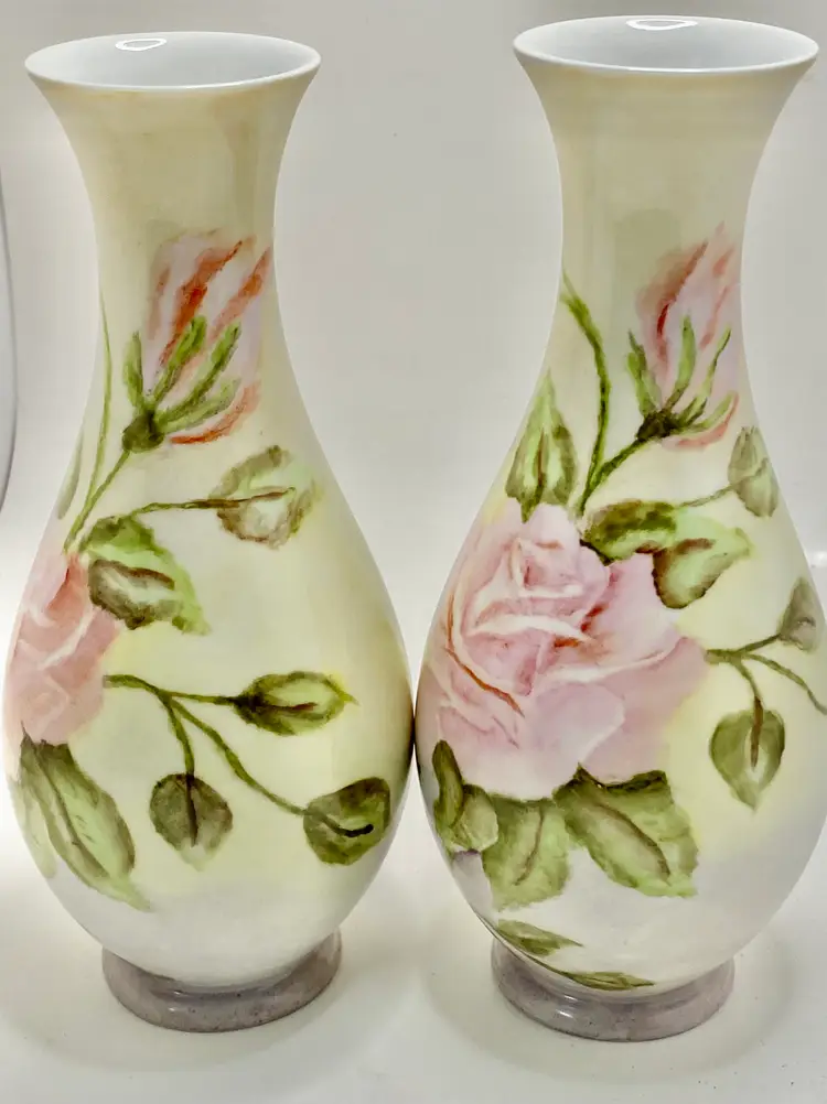 ✅ Rare Elegant Set Of 2 Tirschenreuth Bavarian Porcelain Pink Rose Vases Signed