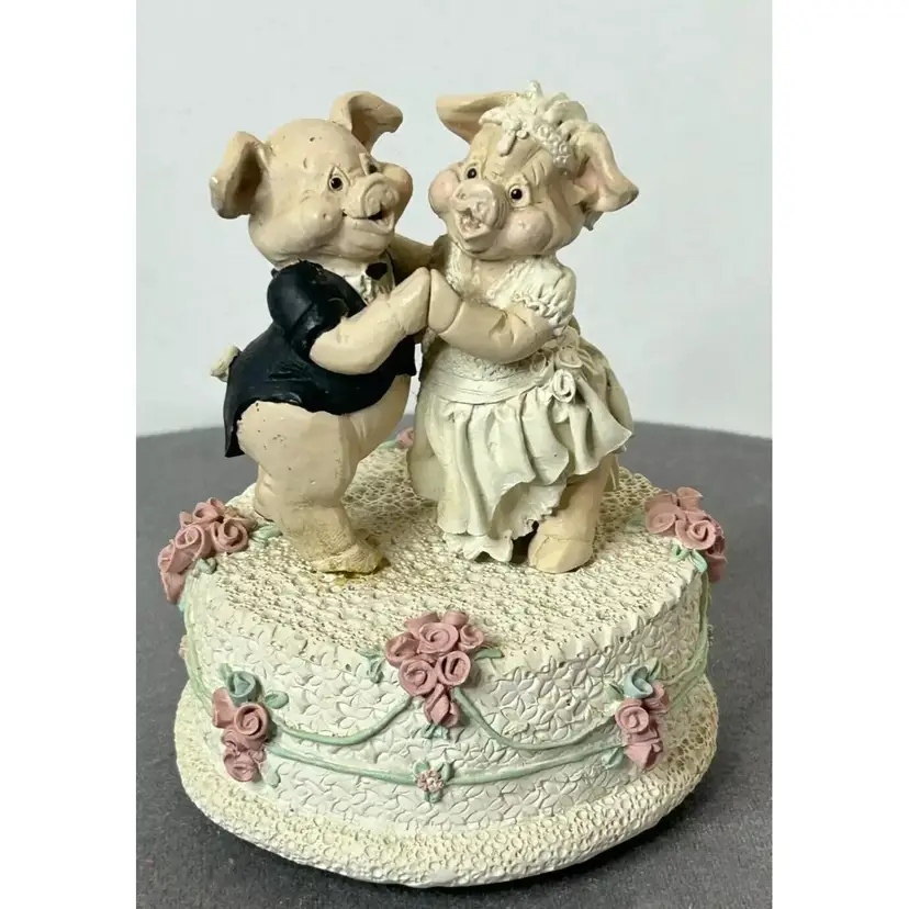 Vintage Enesco Dancing Pig Bride and Groom Music Box - There is Love (c) 1992