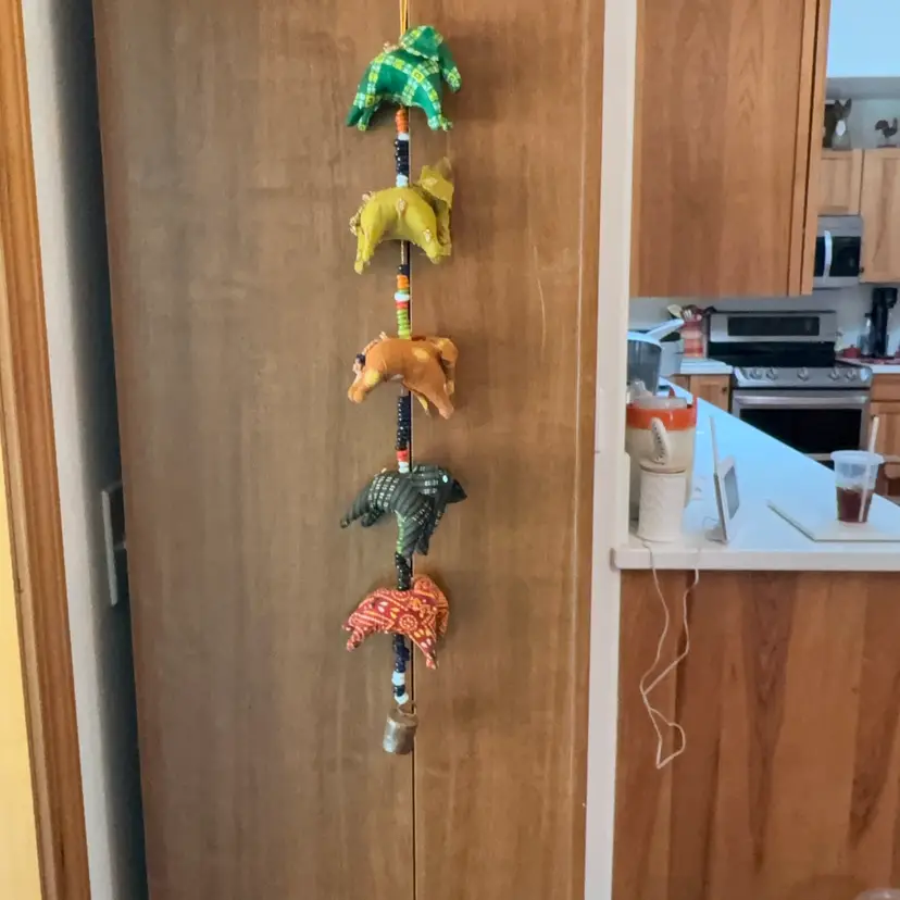 5 Fabric Elephants On String With Brass Bell 28” Long