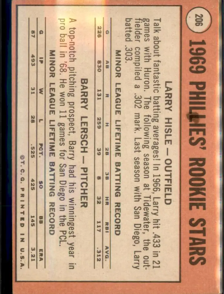 1969 Topps #206 Phillies 1969 Rookie Stars (Hisle / Lersch) RC - ( pk3 ) - Philadelphia Phillies