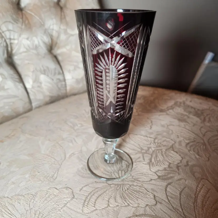 Vintage Czech Ruby To Clear Cut Glass Goblet Glass 6.5"